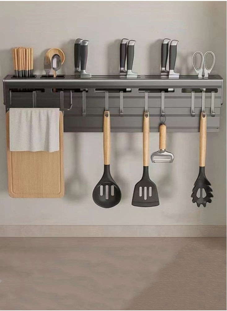 1-Piece Kitchen Knife Storage Rack Knife Holder Kitchen Cutlery Organizer with Towel Rack and Hooks Aluminum Alloy Grey 60x7x6 cm