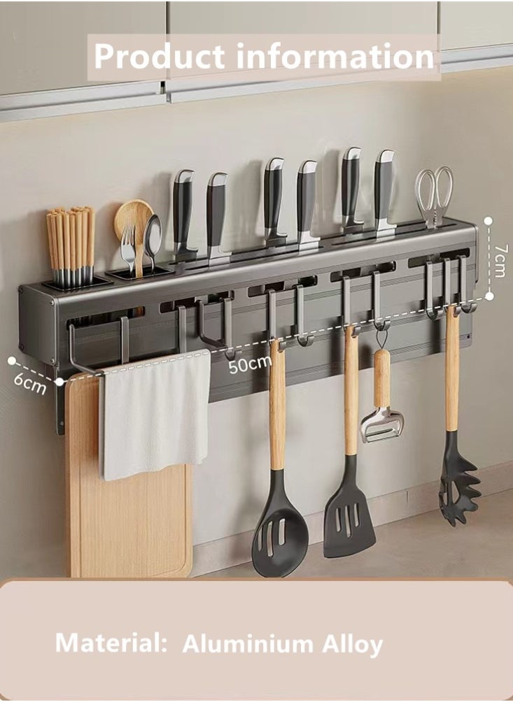 1-Piece Kitchen Knife Storage Rack Knife Holder Kitchen Cutlery Organizer with Towel Rack and Hooks Aluminum Alloy Grey 60x7x6 cm