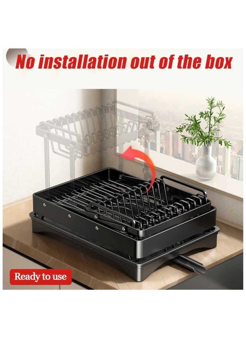 2 Tier Foldable Dish Rack, Double Storage Large Capacity, Kitchen Cutlery Drainer Rack with Water Conduit(Black)