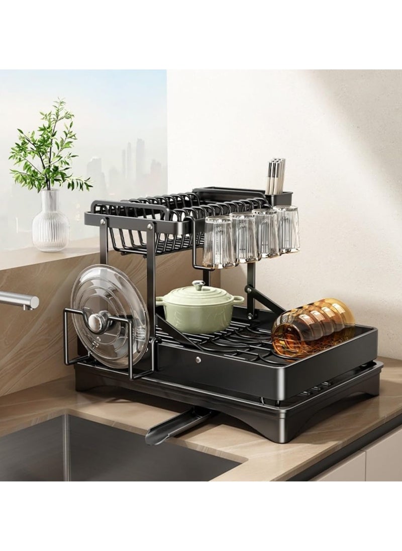 2 Tier Foldable Dish Rack, Double Storage Large Capacity, Kitchen Cutlery Drainer Rack with Water Conduit(Black)
