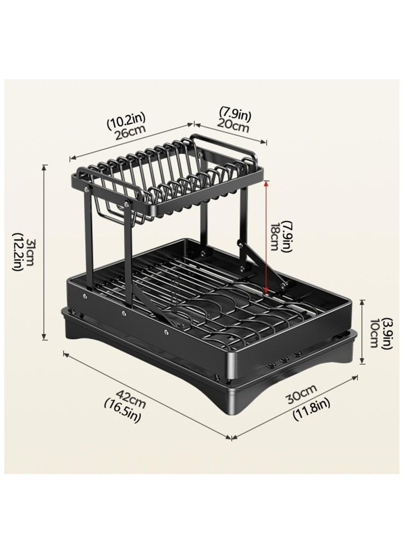 2 Tier Foldable Dish Rack, Double Storage Large Capacity, Kitchen Cutlery Drainer Rack with Water Conduit(Black)