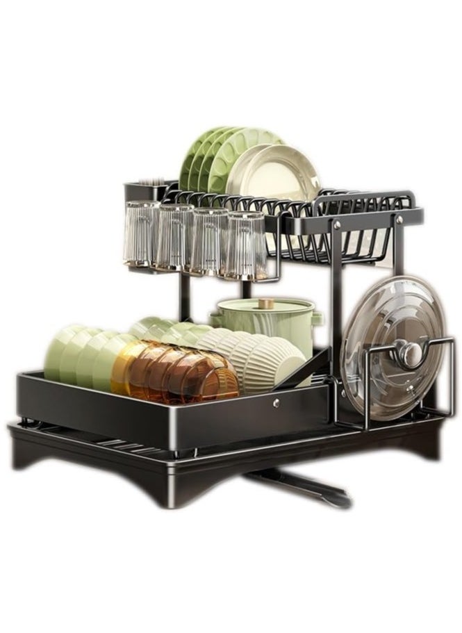 2 Tier Foldable Dish Rack, Double Storage Large Capacity, Kitchen Cutlery Drainer Rack with Water Conduit(Black)