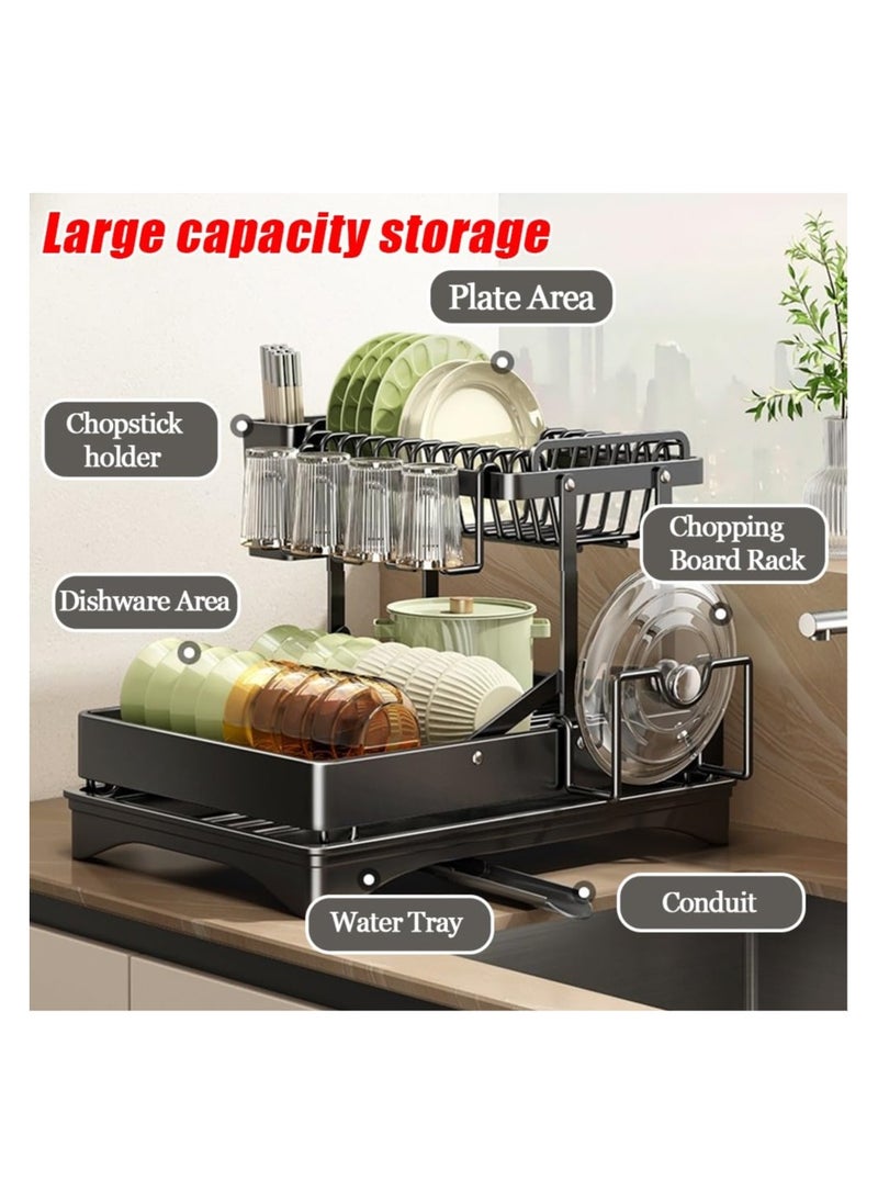 2 Tier Foldable Dish Rack, Double Storage Large Capacity, Kitchen Cutlery Drainer Rack with Water Conduit(Black)