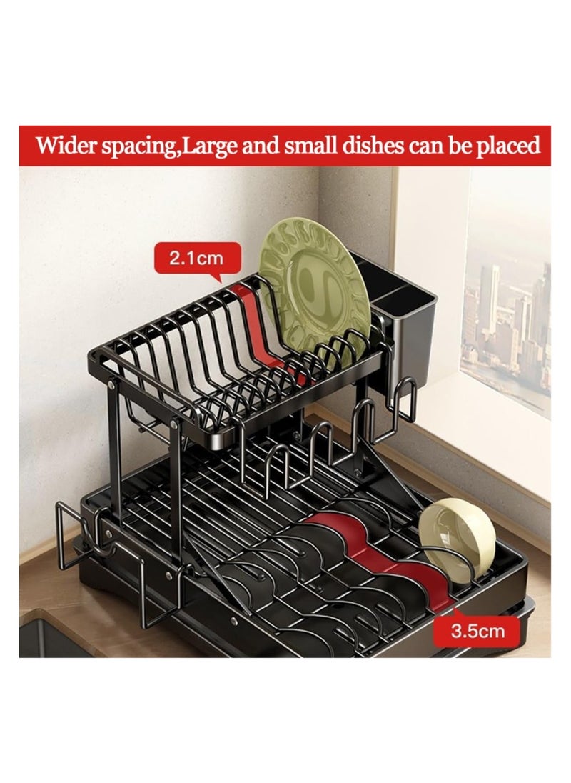 2 Tier Foldable Dish Rack, Double Storage Large Capacity, Kitchen Cutlery Drainer Rack with Water Conduit(Black)