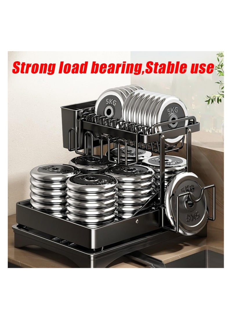 2 Tier Foldable Dish Rack, Double Storage Large Capacity, Kitchen Cutlery Drainer Rack with Water Conduit(Black)
