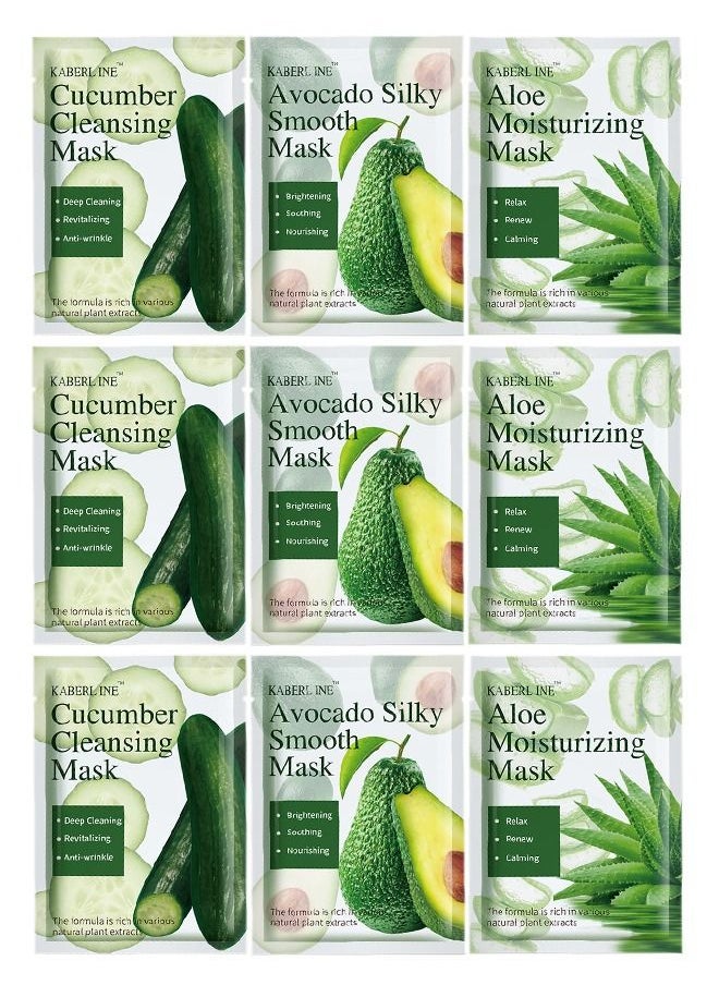 9 Pieces Facial Sheet Masks,Avocado,Cucumber,Aloe Vera,25ml