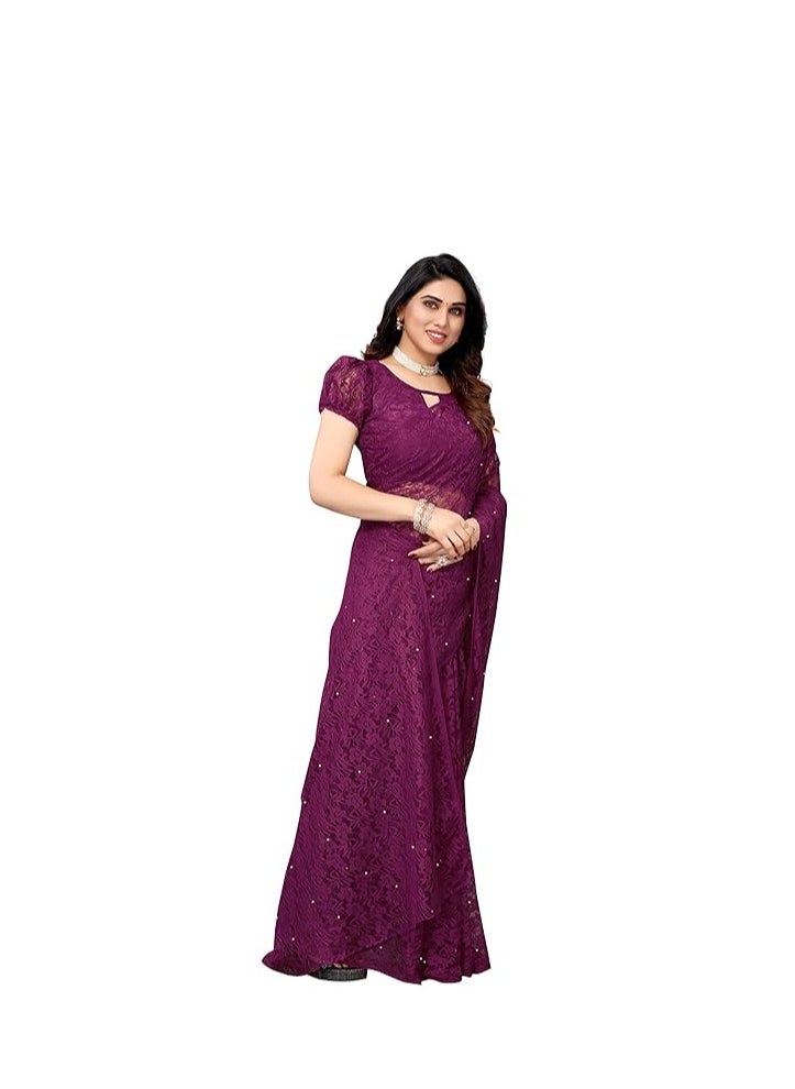 Womens Solid Net Saree With Blouse Piece