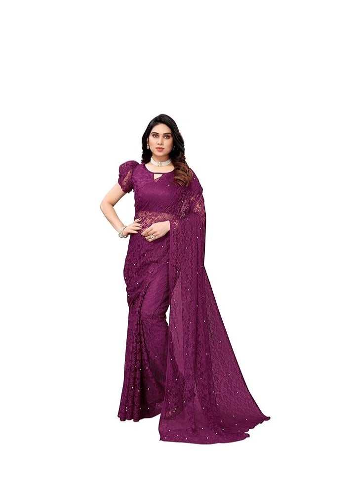 Womens Solid Net Saree With Blouse Piece