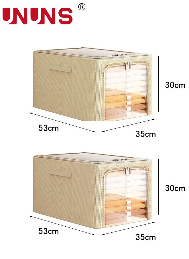 Foldable Clothes Box,2-Piece Oxford Fabric Closet Organizer Bag Set With Carry Handles And Clear Window,56L Large Capacity Steel Frame Storage Bins For Bedding Blankets Toys Gift,53x35x30cm