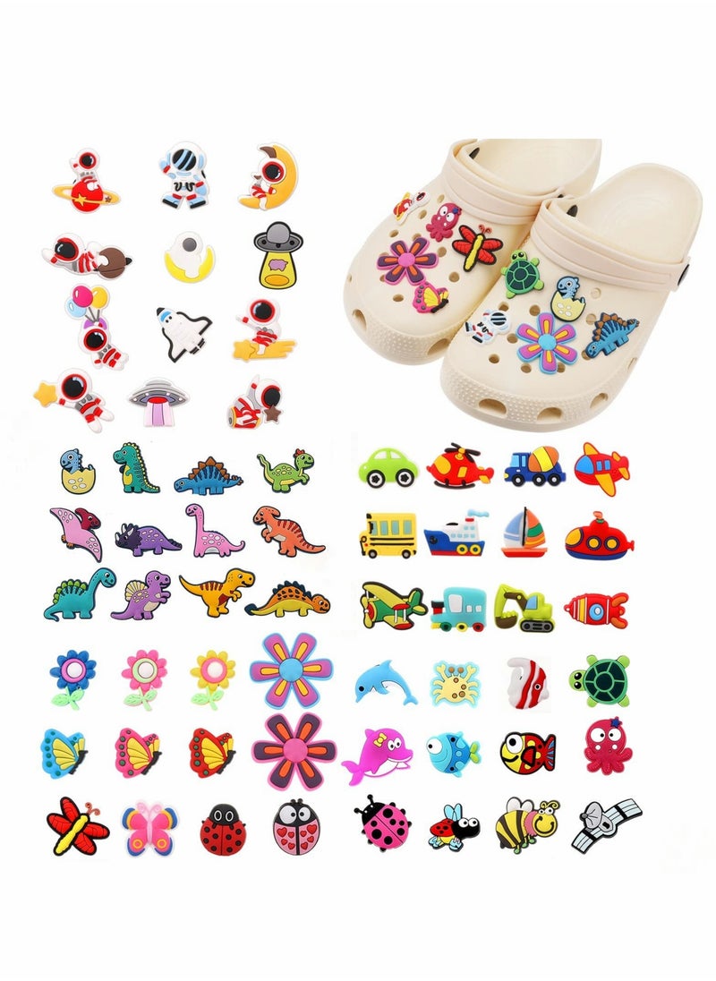 Shoe Decoration Charms for Croc, 60 Pcs Cute Shoe Charms for Shoes include Dinosaurs Vehicles Flowers Insects Sea Animals Astronauts, Lovely Charms for Party Favors Birthday Gifts