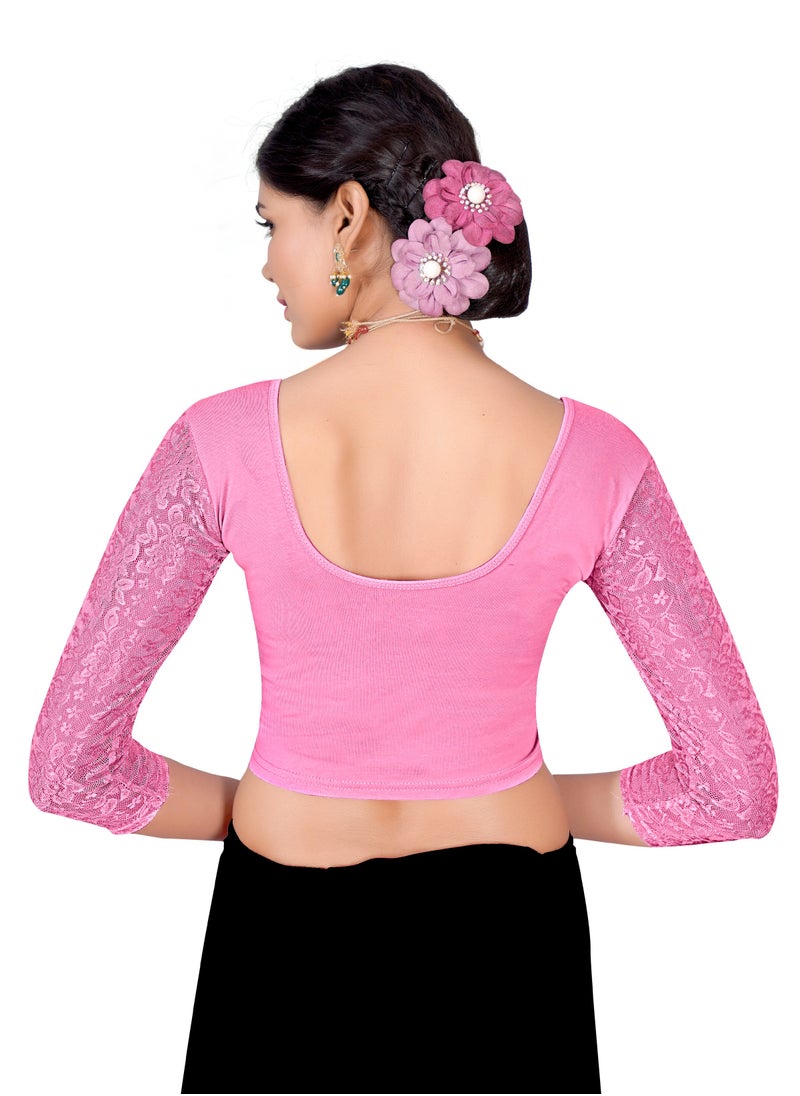 CRAZYBACHAT Readymade Designer Stretchable Blouse with ¾ Net Sleeves – Perfect for Sarees & Crop Tops