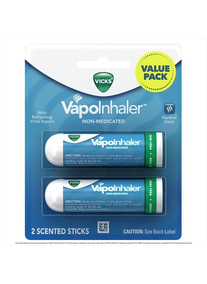 VapoInhaler, On-the-Go Portable Nasal Inhaler, Non-Medicated, With Refreshing Vicks Vapors, Menthol Scent , 2 Scented Sticks