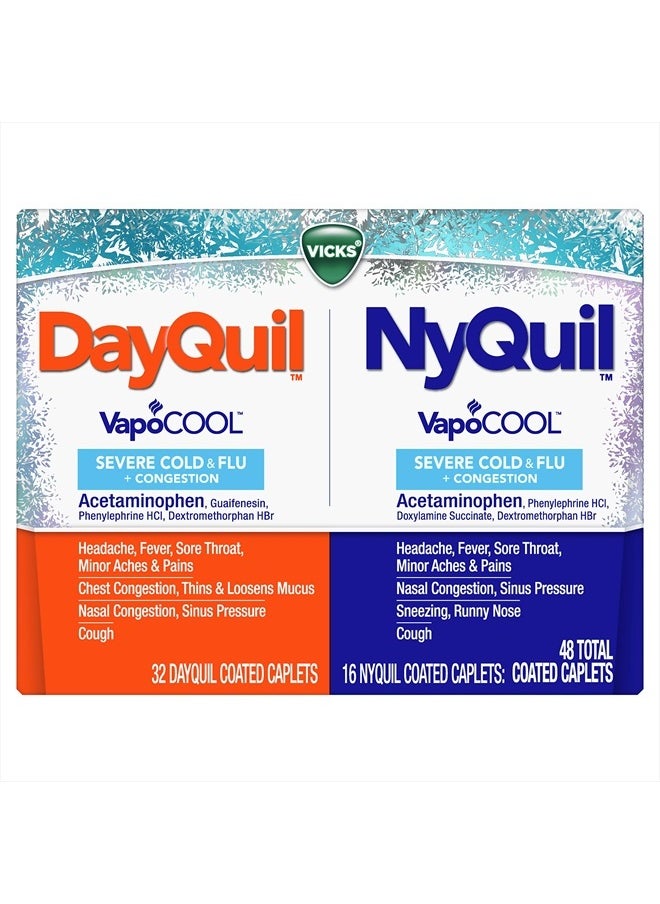 DayQuil and NyQuil VapoCOOL SEVERE Combo Cold & Flu + Congestion Medicine, Max Strength Relief For Fever, Sore Throat, Nasal Congestion, Sinus Pressure, Cough, 48 Count - 32 DayQuil, 16 NyQuil