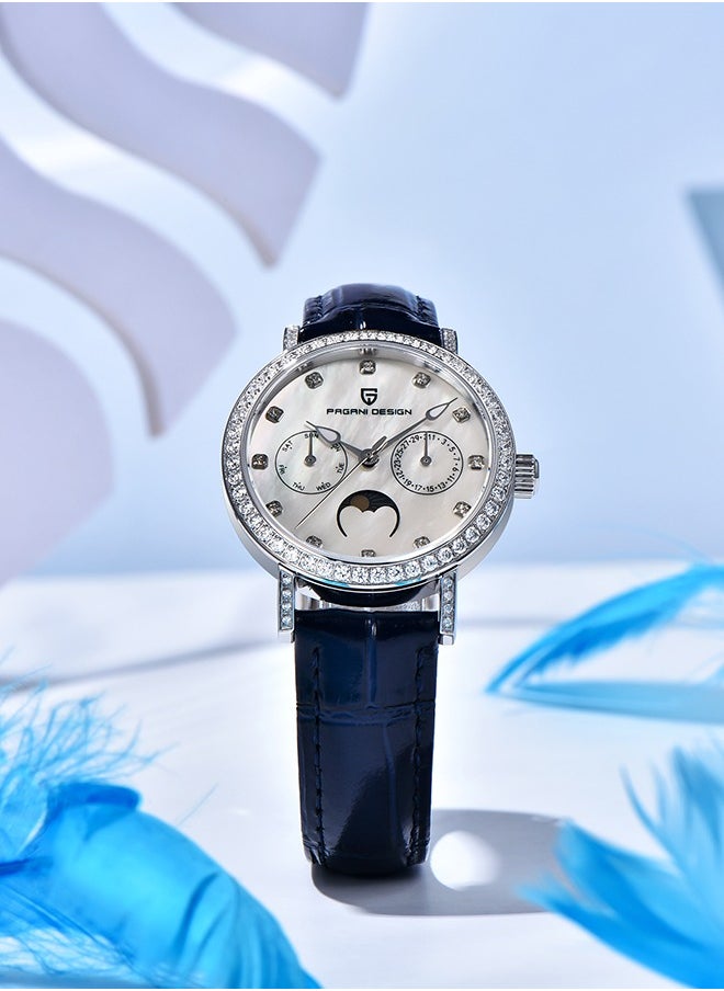 Women's Elegant Quartz Watch Diamonds Series Leather Strap  VX3HA Movement Waterproof Light Luxury Wristwatch Date,Silver Blue