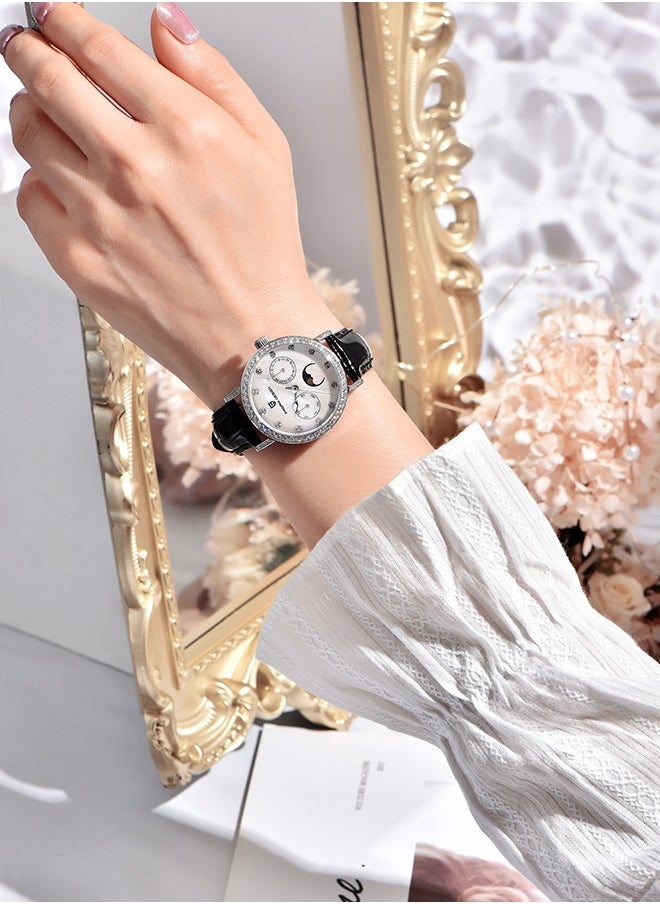 Women's Elegant Quartz Watch Diamonds Series Leather Strap  VX3HA Movement Waterproof Light Luxury Wristwatch Date,Silver Black