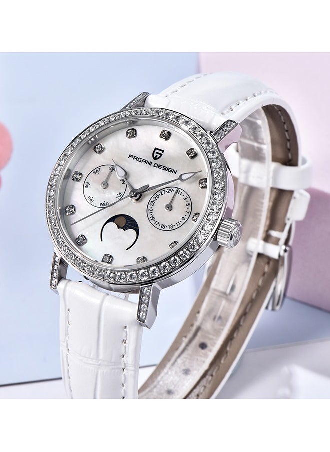 Luxury Women's Quartz Watch With Diamonds VX3HA Movement PU Leather Strap Waterproof Elegant Lady Wristwatch Data,Silver White