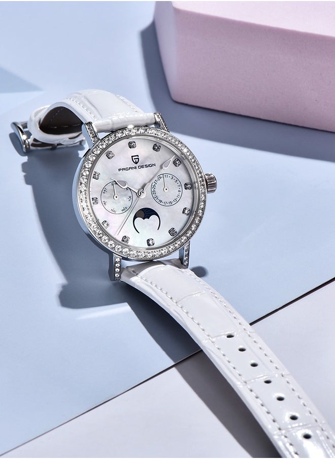 Luxury Women's Quartz Watch With Diamonds VX3HA Movement PU Leather Strap Waterproof Elegant Lady Wristwatch Data,Silver White