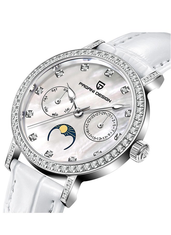 Women's Quartz Watches, Fashionable And Elegant, Silver-White Dial, Leather Strap PD1789 White