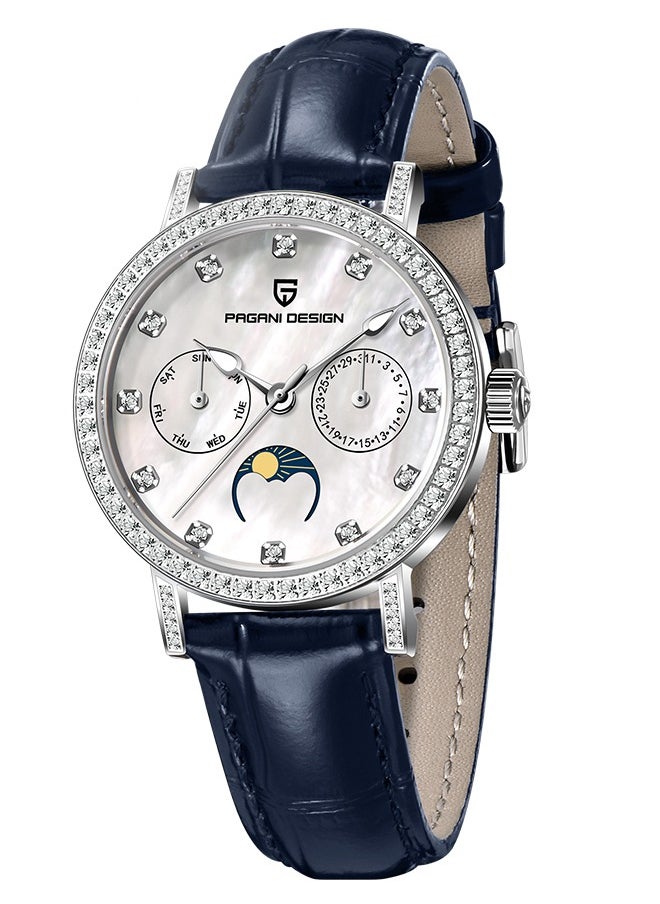 Women's Quartz Watches, Fashionable And Elegant, Silver-White Dial, Leather Strap PD1789 Blue