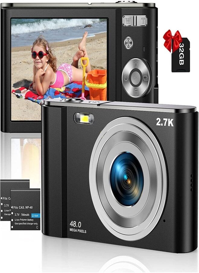 Digital Camera, Kids Camera with 32GB Card FHD 1080P 48MP Vlogging Camera with LCD Screen 8X Zoom Compact Portable Mini Rechargeable Camera Gifts for Teens Students Boys Girls