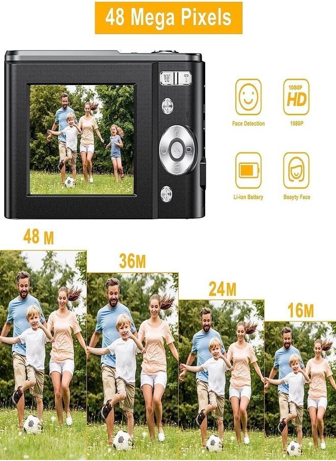 Digital Camera, Kids Camera with 32GB Card FHD 1080P 48MP Vlogging Camera with LCD Screen 8X Zoom Compact Portable Mini Rechargeable Camera Gifts for Teens Students Boys Girls