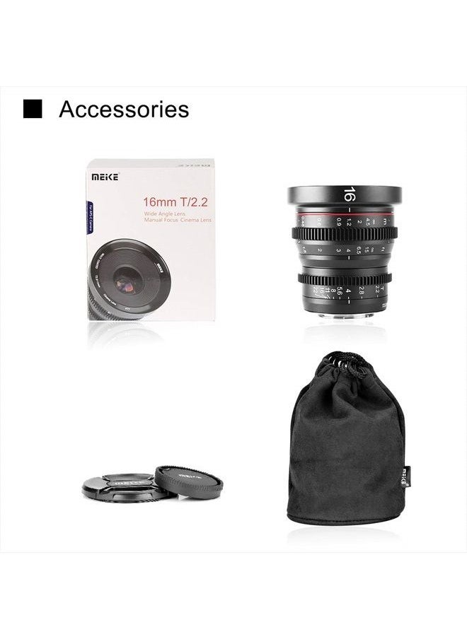 16mm T2.2 Manual Focus Wide Angle Fixed Prime Cinema Lens for M43 Micro Four Thirds MFT Mount Cameras and Cinema Camera BMPCC