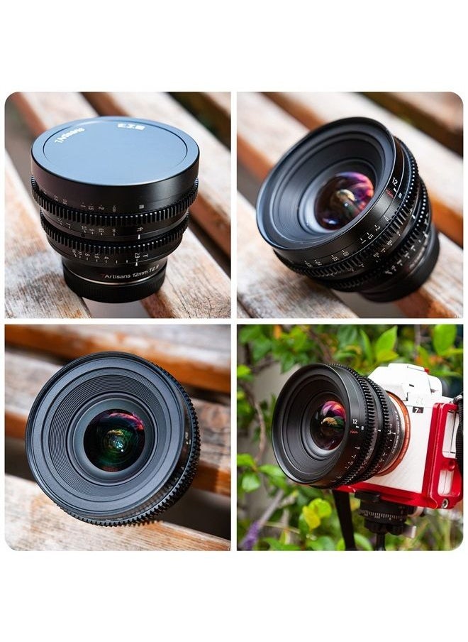 7 Artisans 12mm T2.9 Large Aperture APS-C Ultra Wide Angle Cine Lens, Manual Fixed Focus Low Distortion Cinema Lens Compatible for Sony E-Mount A7 Series FX3 A7S3 A7M3 A7R3 A7M4, Black