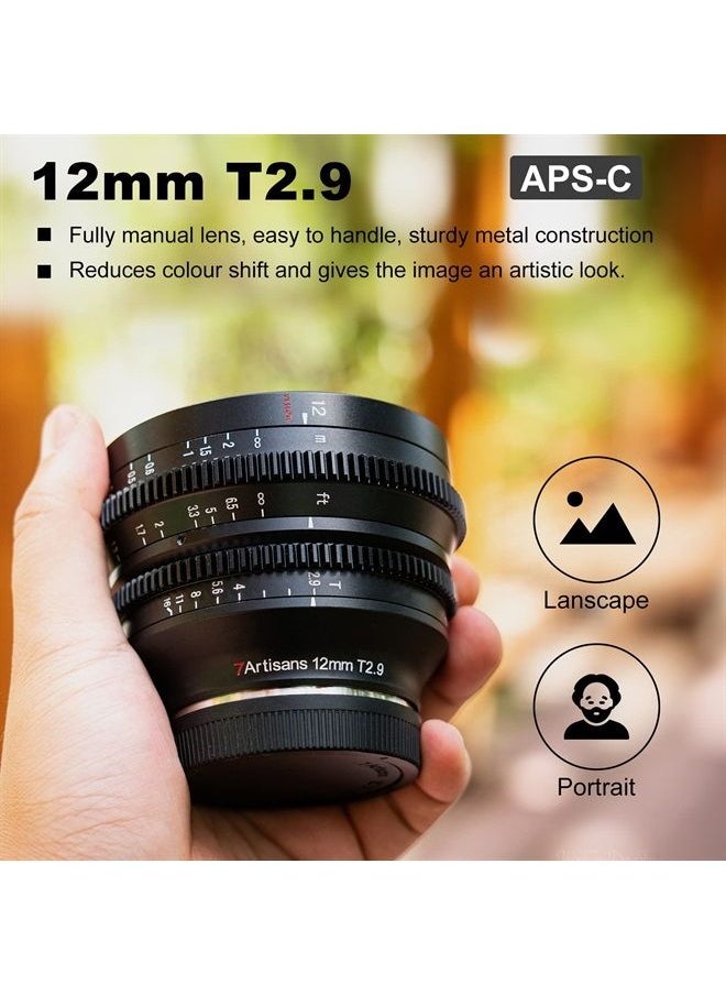 7 Artisans 12mm T2.9 Large Aperture APS-C Ultra Wide Angle Cine Lens, Manual Fixed Focus Low Distortion Cinema Lens Compatible for Fujifilm X-Mount, Black