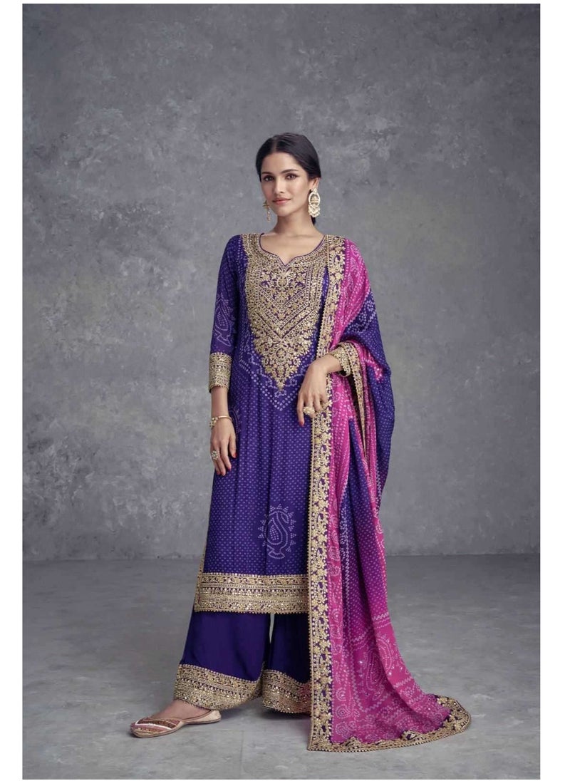 Premium Silk Purple Bandhani Print Salwar Kameez With Santoon Inner Having golden Embroidery On Kameez Plus Dupatta