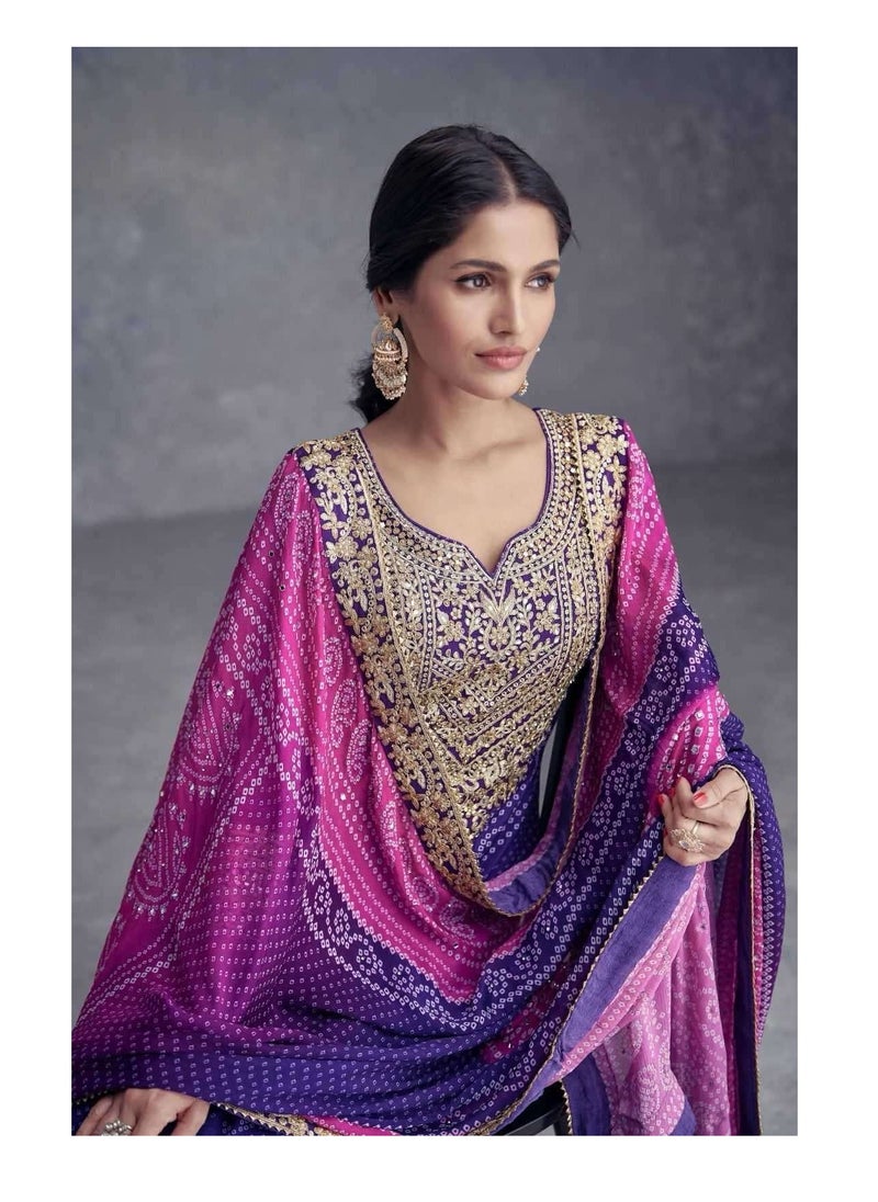 Premium Silk Purple Bandhani Print Salwar Kameez With Santoon Inner Having golden Embroidery On Kameez Plus Dupatta