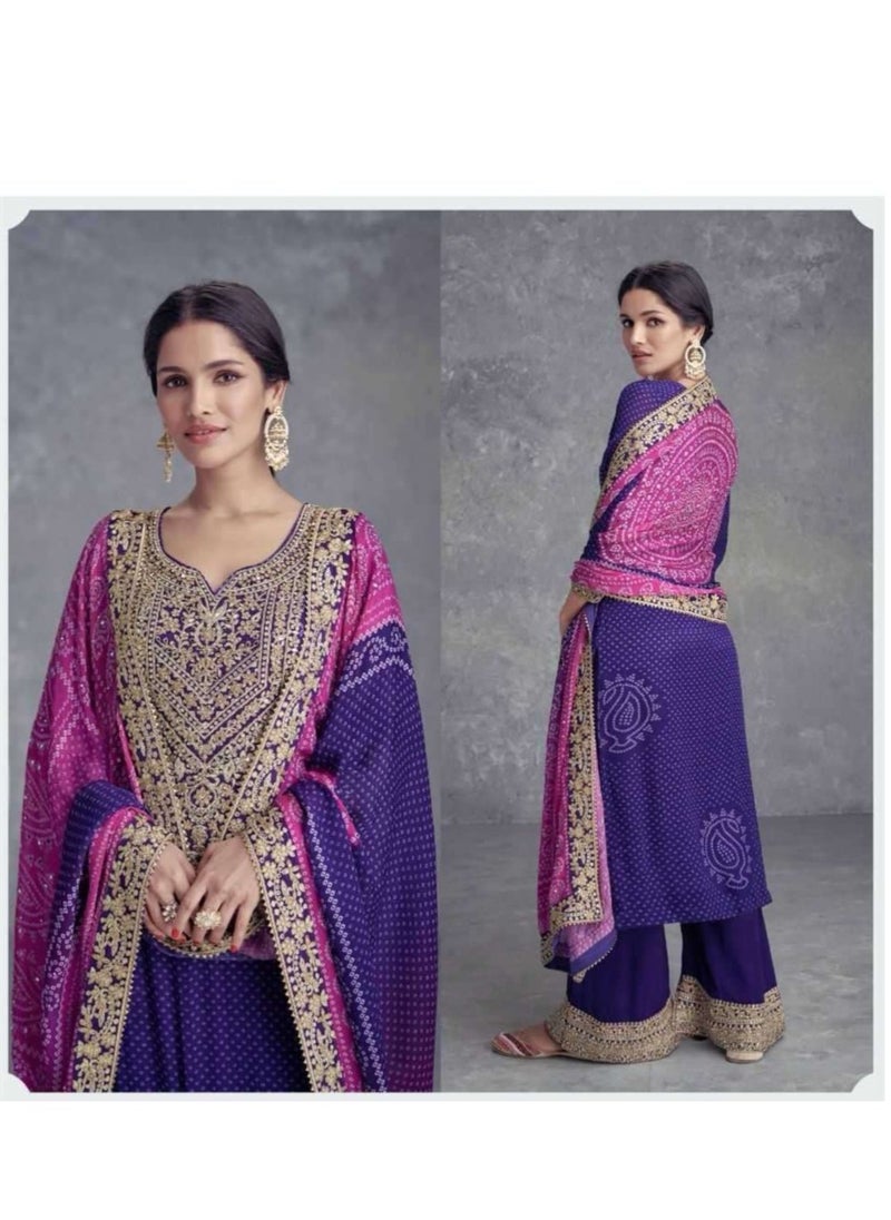 Premium Silk Purple Bandhani Print Salwar Kameez With Santoon Inner Having golden Embroidery On Kameez Plus Dupatta