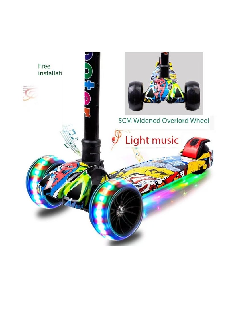 Kids Scooter, 3 Wheel Scooter, Foldable and Height Adjustable with Flashing Wheels and Music Pedal Lights, Flashing Music Scooter, Suitable for Boys and Girls, 2-8 Years Old