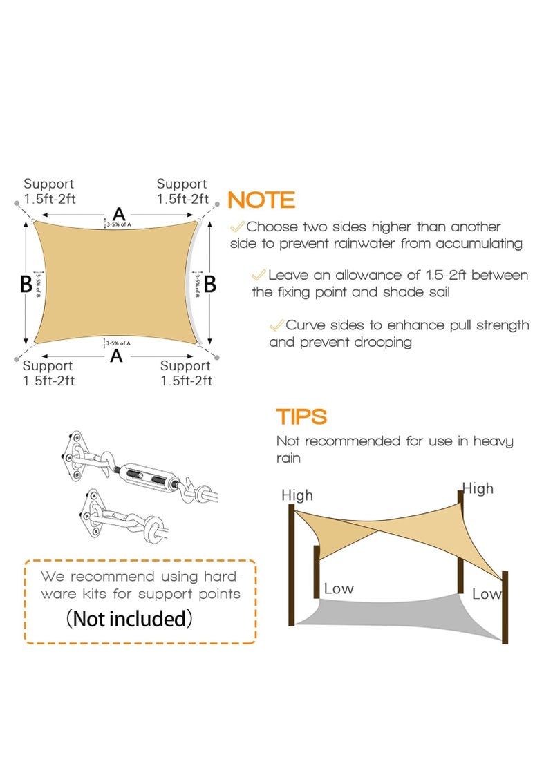 Sun Shade Sails Square Canopy, 185GSM Rectangle Shade Sail Water Permeable & UV Block, Heavy Duty, Easy Install & Durable for Outdoor Patio Garden Backyard