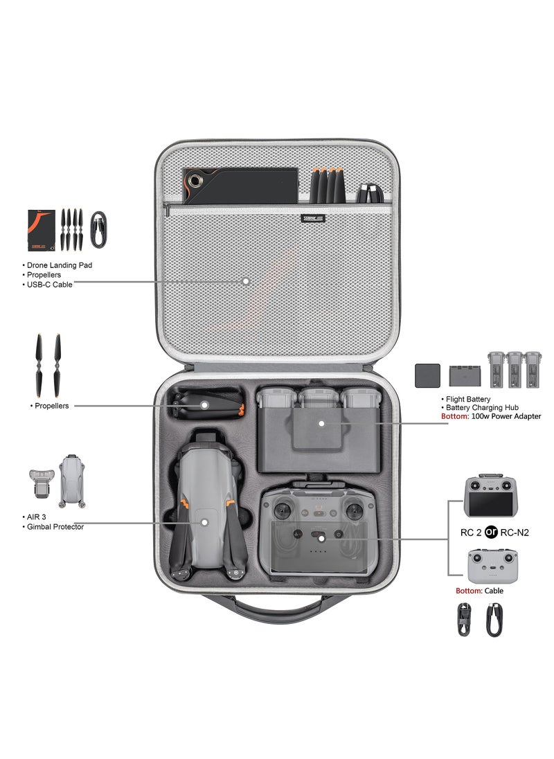 Case Portable Travel Bag Carrying Case for DJI Air 3 Fly More Combo RC 2/RC-N2 Controller Battery Charging Hub and Drone Accessories