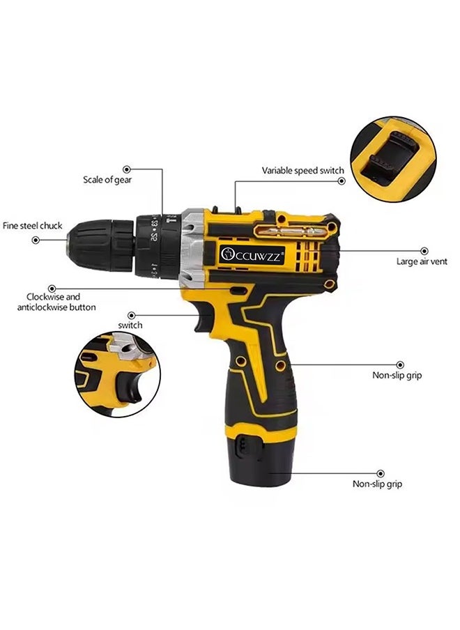 12V600W high power electric drill tool set dual speed lithium battery with two batteries and charger 24 accessories set suitable for home repair furniture car installation