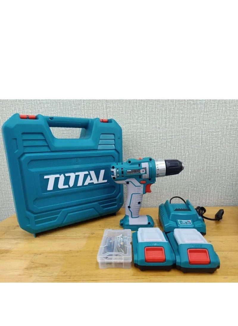 Super Total 20V Lithium-Ion Cordless Drill with 47 Accessories - 45Nm Max Torque, Dual Speed, Integrated Work Light & 2 Battery Pack