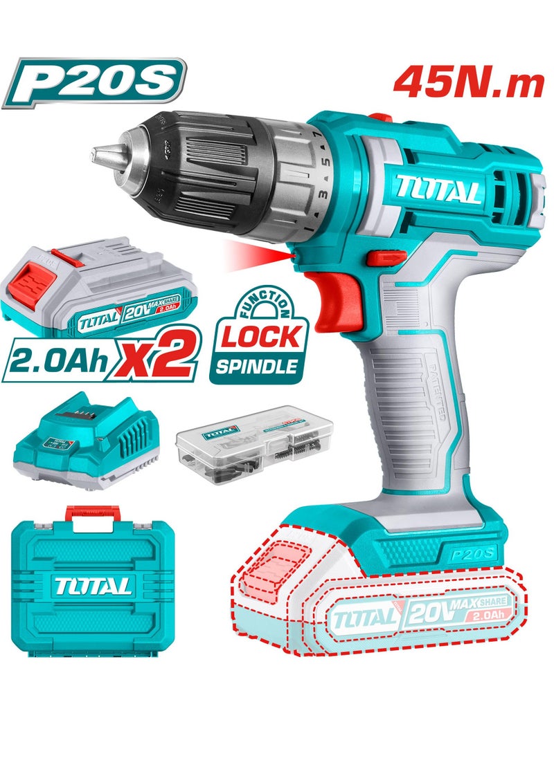 Super Total 20V Lithium-Ion Cordless Drill with 47 Accessories - 45Nm Max Torque, Dual Speed, Integrated Work Light & 2 Battery Pack