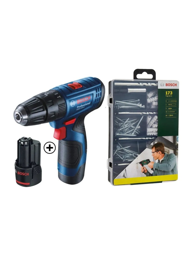 Professional Cordless Combi Drill, GSB 120-LI (12 V) + Bosch Fixing Set (173 Pc.) Bundle