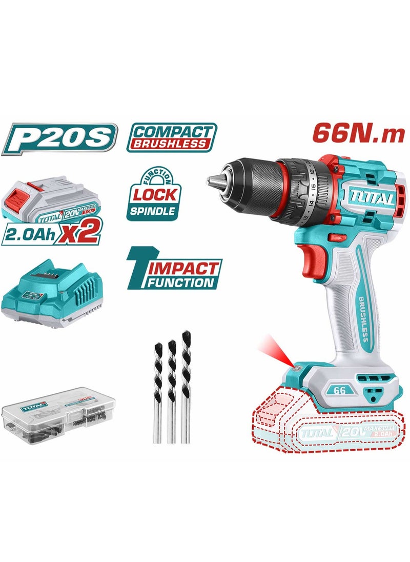 Total Compact Brushless Cordless Impact Drill 20V - 66Nm Torque, 2-Speed, LED Work Light & 47 Accessories for DIY and Professional Use| 2.0Ah battery & 1 charger