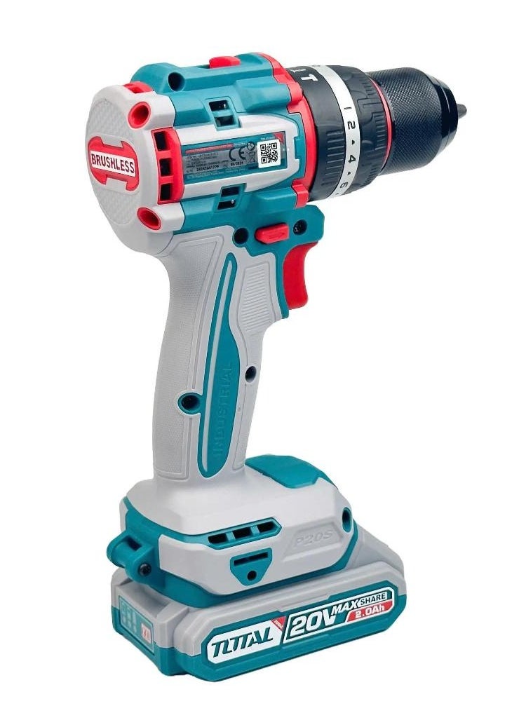 Total Compact Brushless Cordless Impact Drill 20V - 66Nm Torque, 2-Speed, LED Work Light & 47 Accessories for DIY and Professional Use| 2.0Ah battery & 1 charger