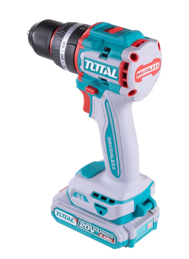 Total Compact Brushless Cordless Impact Drill 20V - 66Nm Torque, 2-Speed, LED Work Light & 47 Accessories for DIY and Professional Use| 2.0Ah battery & 1 charger