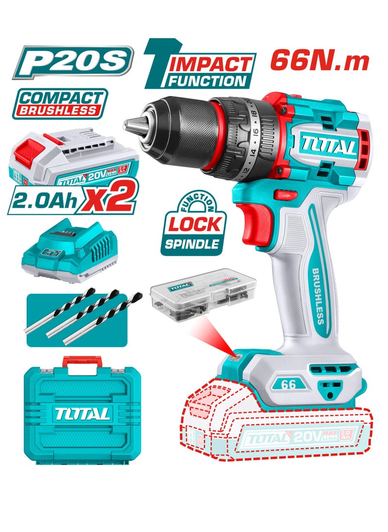 Total Compact Brushless Cordless Impact Drill 20V - 66Nm Torque, 2-Speed, LED Work Light & 47 Accessories for DIY and Professional Use| 2.0Ah battery & 1 charger