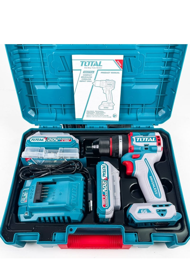Total Compact Brushless Cordless Impact Drill 20V - 66Nm Torque, 2-Speed, LED Work Light & 47 Accessories for DIY and Professional Use| 2.0Ah battery & 1 charger