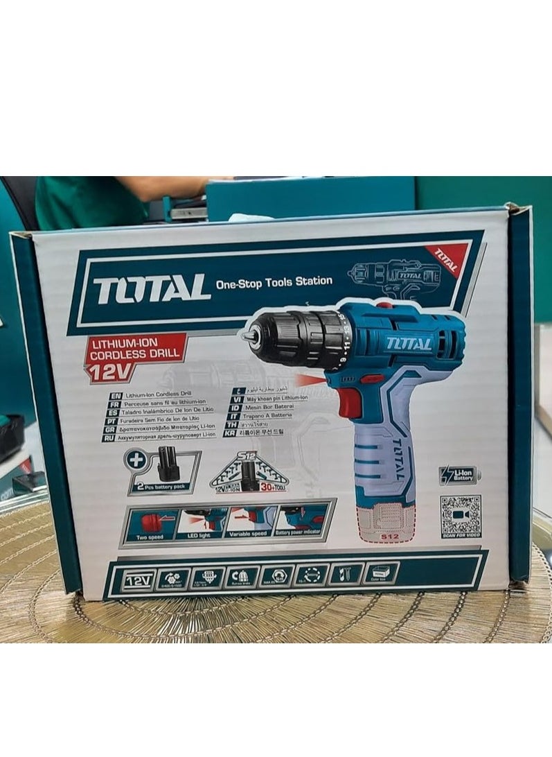 Total Cordless High-power Drill Machine – Indoor & outdoor Use with 2 Rechargeable Lithium-ion 12V Battery and Charger| Suitable for Wood, Plastic, wall etc.