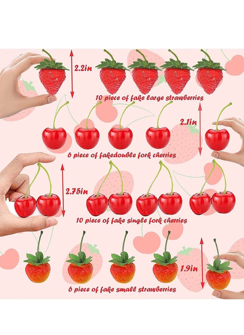 32Pcs Artificial Strawberries Fake Fruit Fake Strawberries Fake Cherries,Simulation Fake Strawberry Realistic Plastic Fruit Artificial Fake Cherries Strawberry Decor for Wedding,Photography Prop
