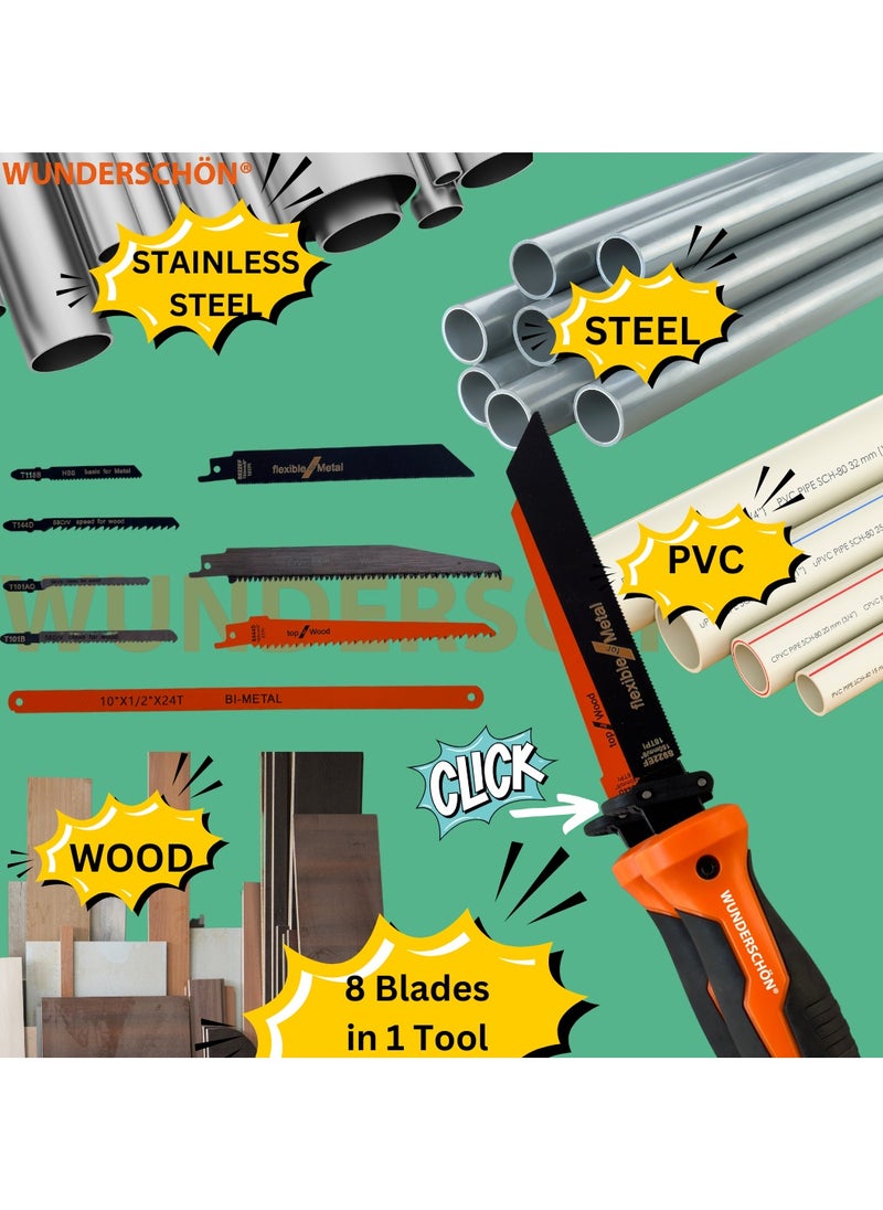 8 IN 1 Handsaw, Non-slip Hand Grip With Interchangeable Blades For Metal -Stainless Steel -Wood -Plastic- PVC