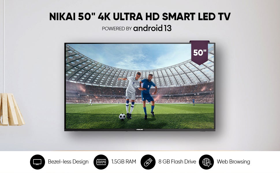 50 Inch 4K UHD Smart LED TV, Ultra Slim Frame, Android OS, Built-in Wi-Fi, Quad Core Processor, 1.5GB RAM, 8GB Storage, 60Hz Refresh Rate, 16W Speakers 50NK4KSLED Black