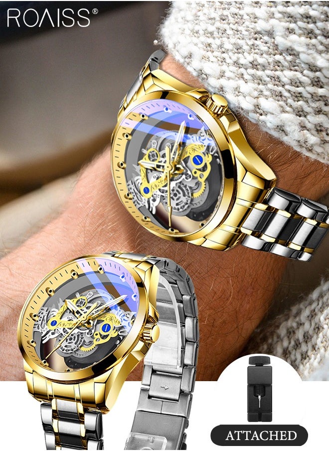 Alloy Strap Quartz Watch with Round Transparent Hollow Dial Mimicking Mechanical Design Waterproof and Luminous Wristwatch, Ideal Gift for Men