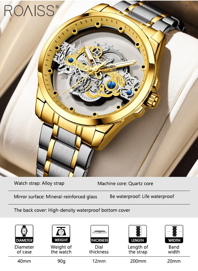 Alloy Strap Quartz Watch with Round Transparent Hollow Dial Mimicking Mechanical Design Waterproof and Luminous Wristwatch, Ideal Gift for Men