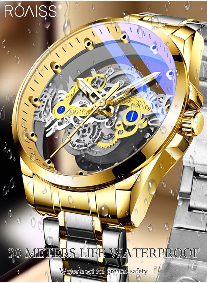 Alloy Strap Quartz Watch with Round Transparent Hollow Dial Mimicking Mechanical Design Waterproof and Luminous Wristwatch, Ideal Gift for Men